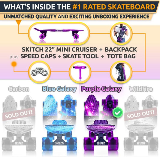 Skitch Skateboard for Beginners and Pros Complete with Mini Cruiser Board + Skateboard Backpack + Video Course + Speed Control + Skate Tool
