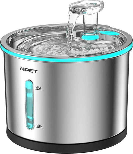 Stainless Steel Cat Water Fountain  50Oz/1.5L Dishwasher Safe Pet Water Fountain with Visible Window Light