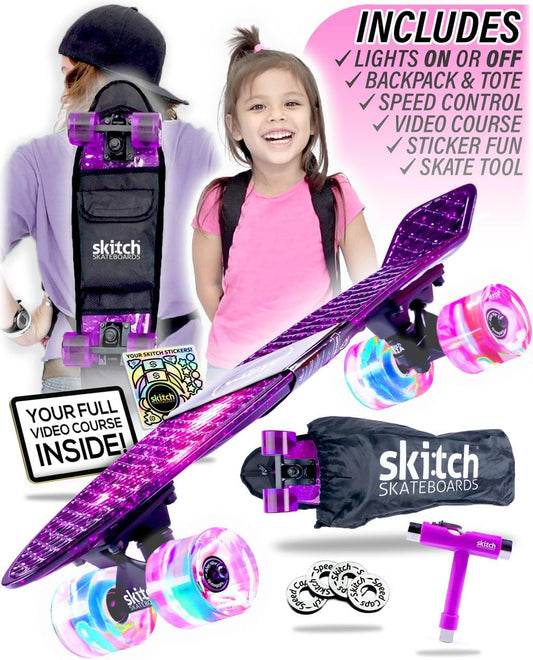 Skitch Skateboard for Beginners and Pros Complete with Mini Cruiser Board + Skateboard Backpack + Video Course + Speed Control + Skate Tool