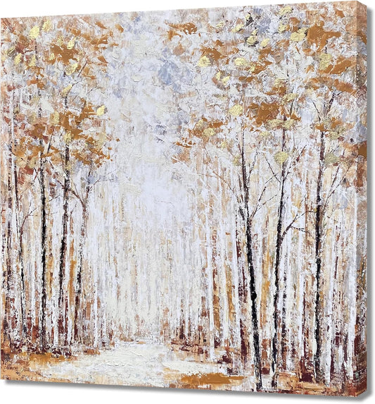 Abstract Birch Tree Canvas Painting with Gold Foil 